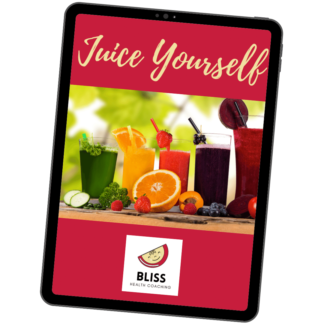 Image of Juice Yourself eBook cover. Crimson red background with Juice Yourself title, Bliss Health Coaching logo and 5 glasses of different freshly made juices.
