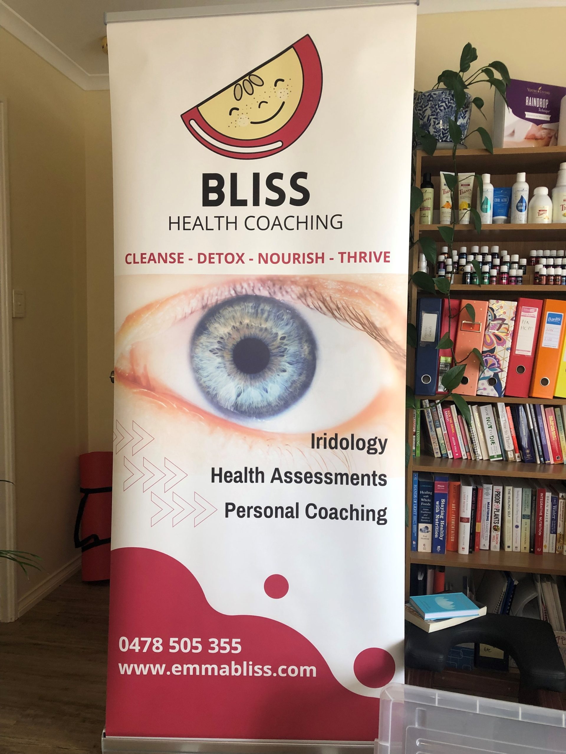 Bliss Health Coaching Vertical Banner in front of office bookcase.